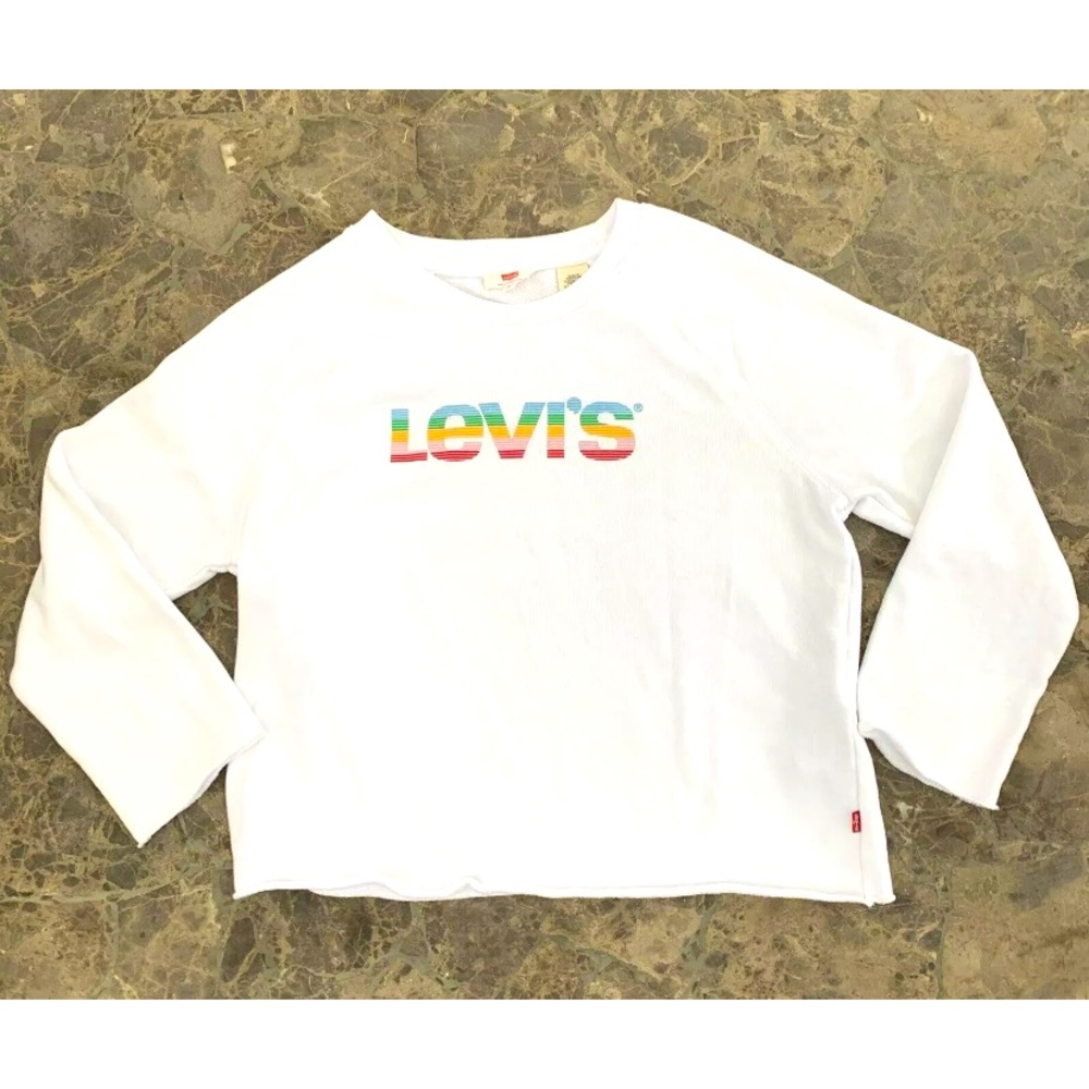 Levi's LOGO Cropped Sweatshirt Shirt Long Sleeve Pullover Roll Hem Rainbow